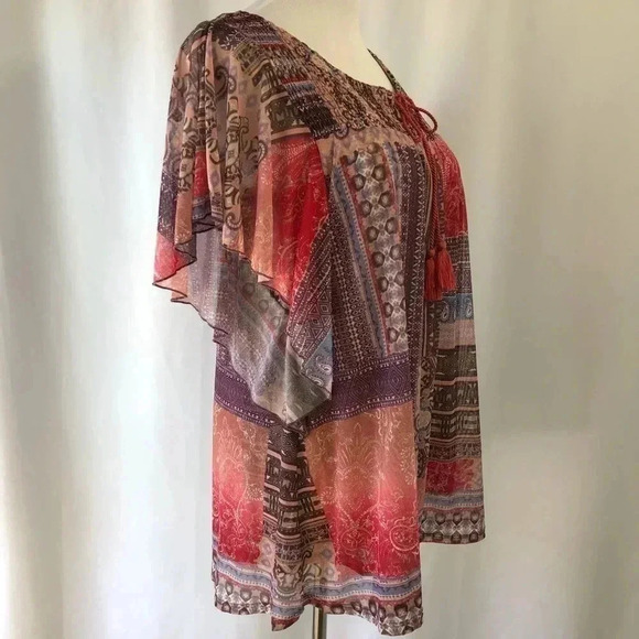 One World Mulit Color Boho Short Sleeve Shirt M - Picture 4 of 8